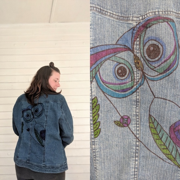 Hand Drawn Owl Denim Jacket Coldwater Creek - Picture 2 of 8
